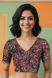 Brown Hand Block Jahota Printed Cotton Blouse 10074996