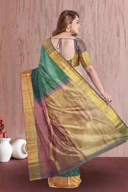 Bottle Green Kanjivaram Silk Saree with Checks Design 10075635