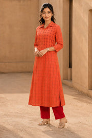 Orange Hand Embroidered Cotton Kurta 10077655