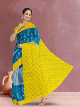 Ocean Blue Ikat Print Linen Saree 10074028