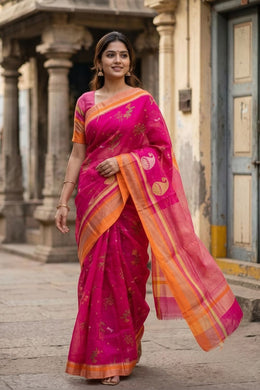 Pink Dragonfly Motifs Chanderi Printed Silk Cotton Saree 10075934