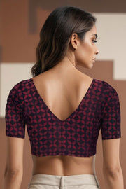 Maroon Floral Motif Indigo Hand Block Print Cotton Blouse 10074595