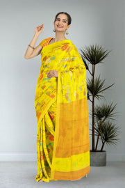 Yellow Swans motifs Chanderi Printed Silk Cotton Saree 10075935