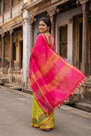 Green Kanjivaram Silk Cotton Saree with Ikat Border 10077975