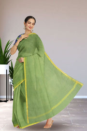 Moss Green Solid Style Kota Cotton Saree with Contrast Blouse 10074187