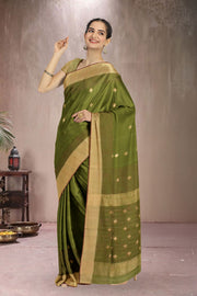 Green Hand Block Printed Chanderi Saree 10030043