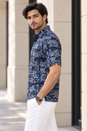 Blue Half Sleeve Jahota Print Cotton Mens Shirt 10077850