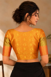 Golden Mustard Yellow Kanjivaram Silk Blouse With Paisley Motifs And Floral Motifs 10076621