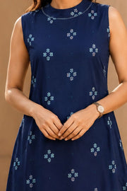 Navy Blue Handloom Cotton Dress with High Neck Design 10077635
