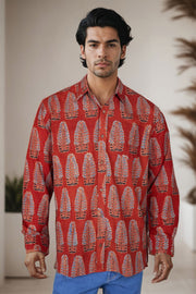 Red Full Sleeve Ajrakh Printed Cotton Mens Shirt 10071165