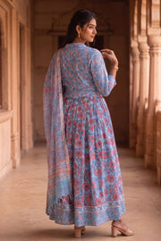 Blue Hand Block Printed Cotton Chaniya Choli With Kota Doria Dupatta 10066328
