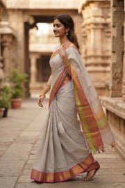 Pebble Grey Handloom Kanchi Cotton Saree With Peacock Zari Border 10076585