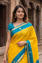 Sunshine Gold Yellow Mysore Crepe Silk Saree With Checks Design And Zari Border 10076252