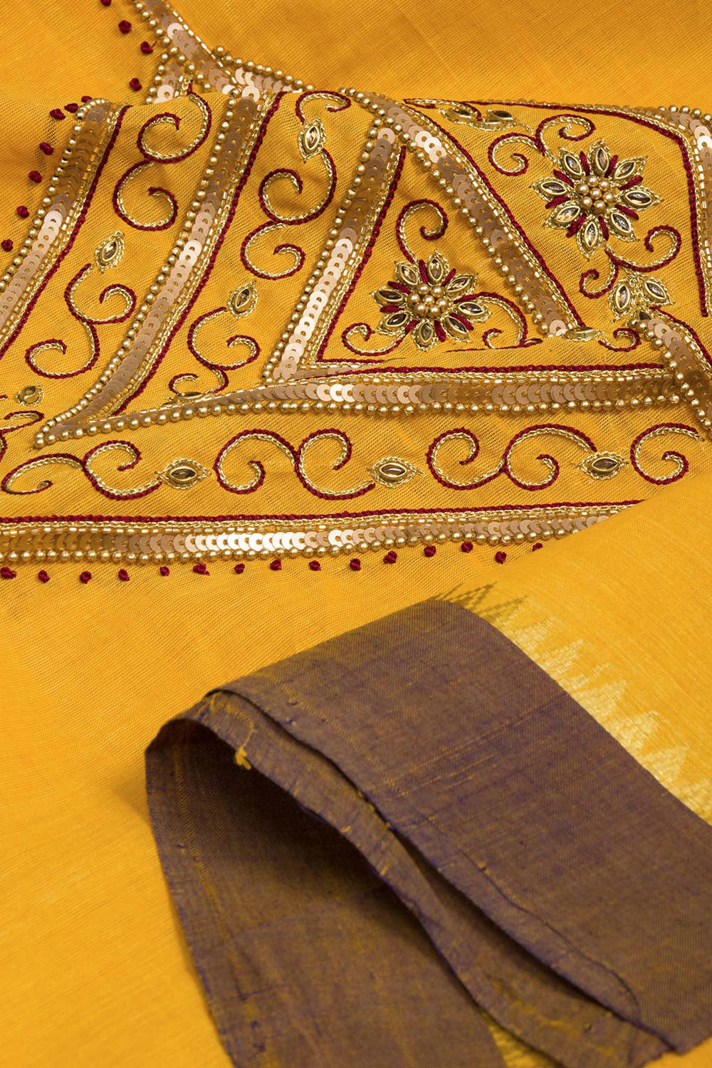 Golden Yellow Aari Embroidered Mangalgiri Cotton Blouse Material 10062422