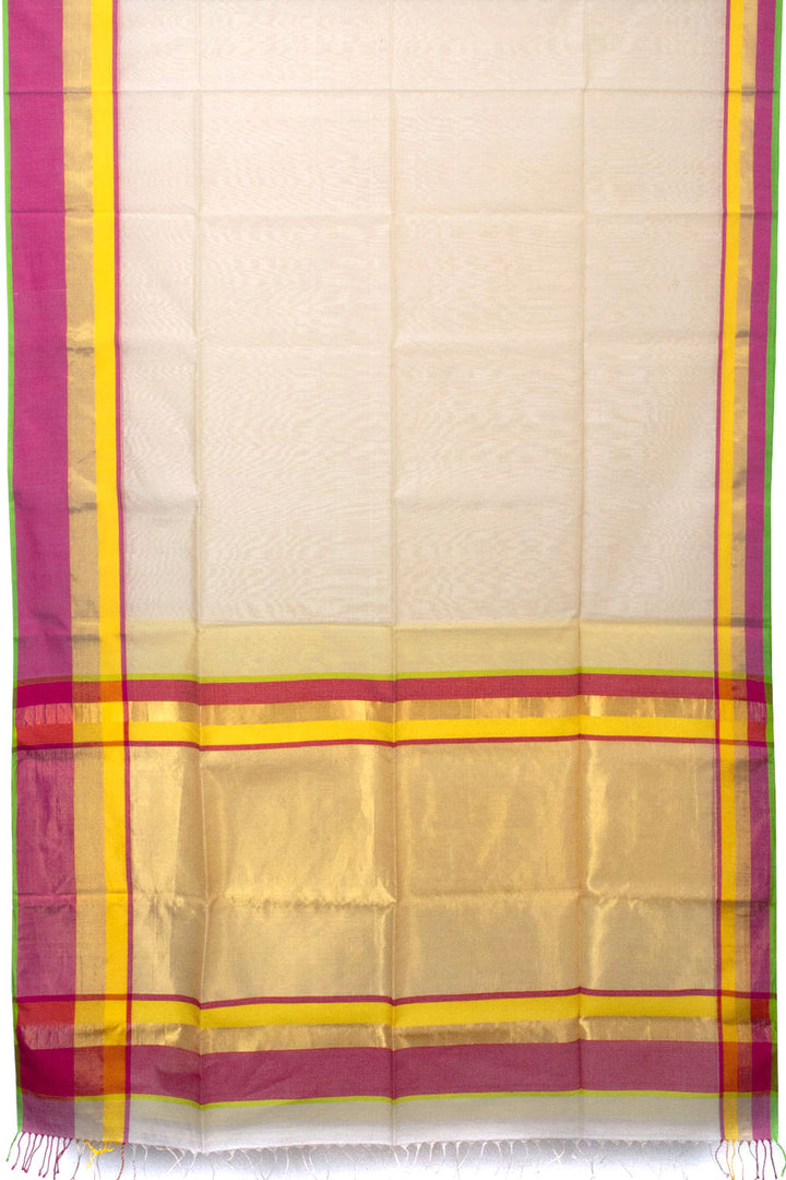 White Handloom Maheswari Silk Cotton Saree - Avishya