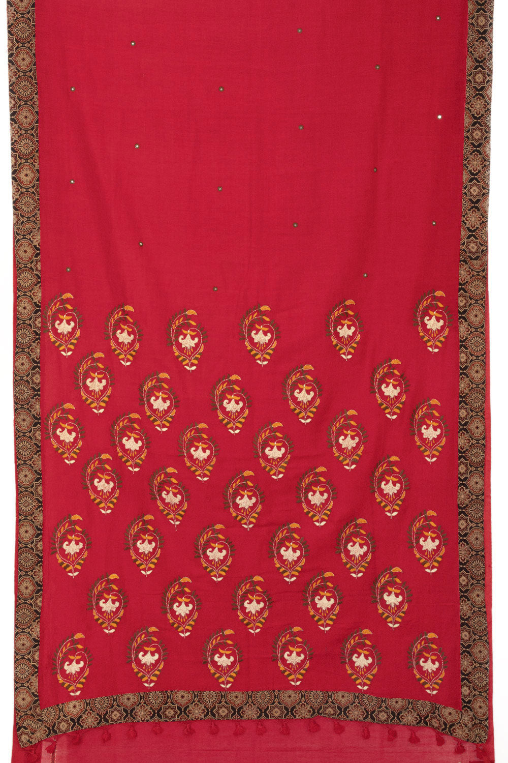 Red Kantha Embroidered Cotton Saree - Avishya