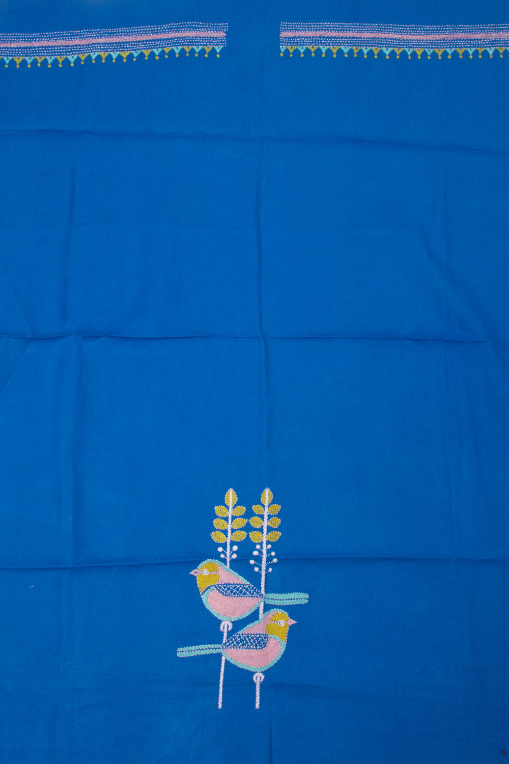 Blue Kantha Embroidered Silk Cotton Blouse Material - Avishya