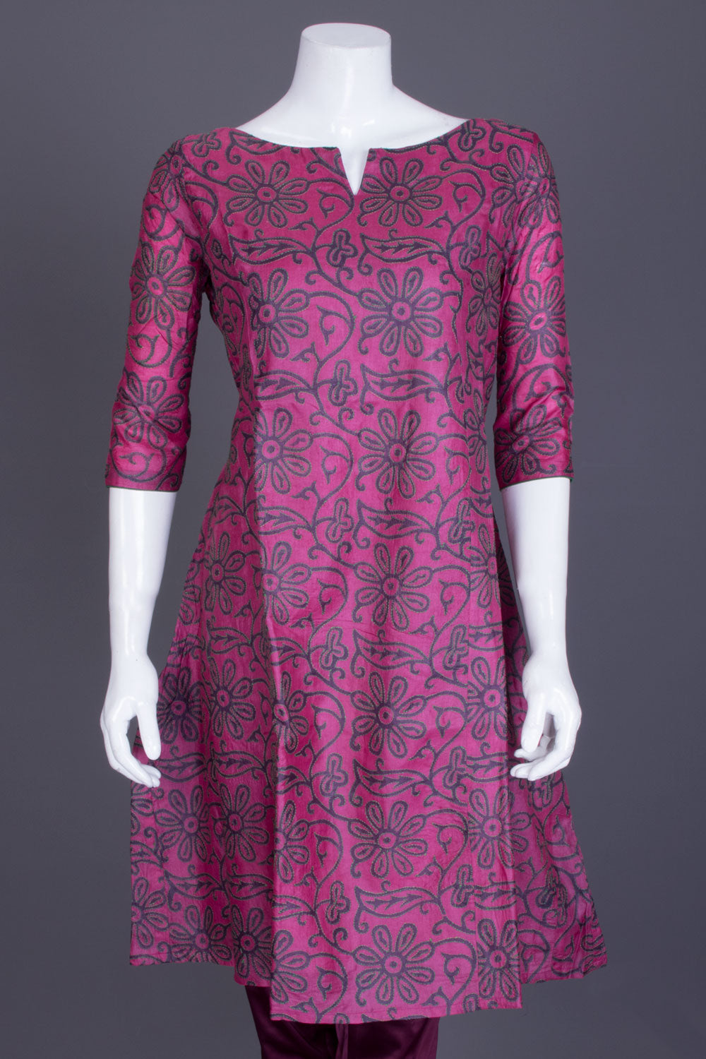 Pink Kantha Embroidered Tussar Silk Kurta - Avishya