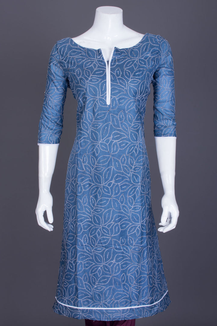 Blue Kantha Embroidered Tussar Silk Kurta - Avishya
