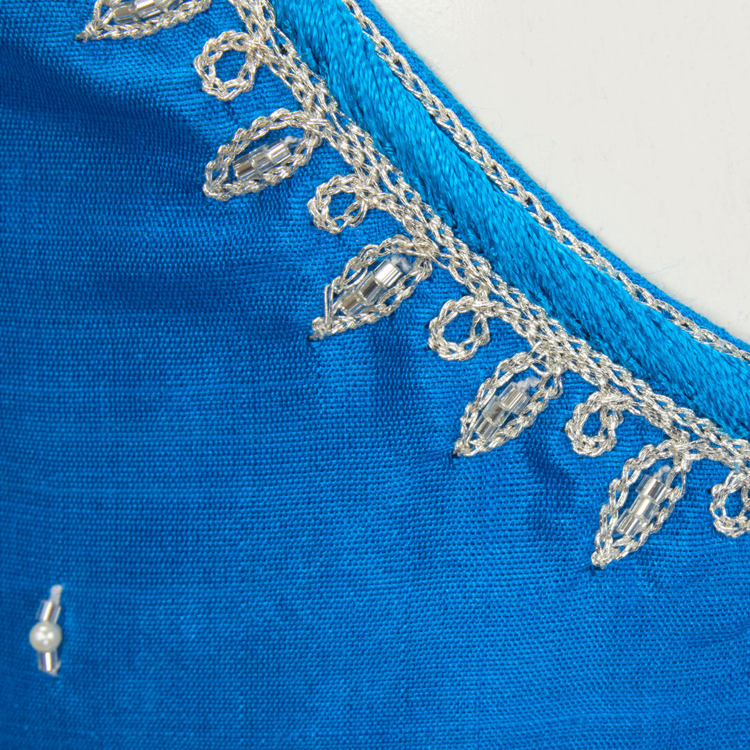 Copper Sulphate Blue Aari Embroidered Raw Silk Blouse - Avishya