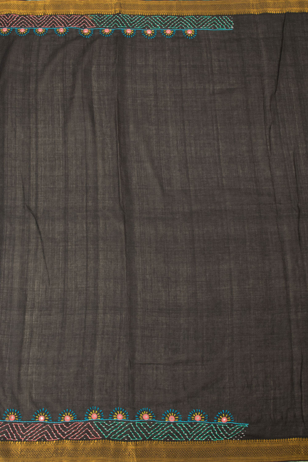 Black Handloom Kutchi Embroidered Cotton Saree 10064703