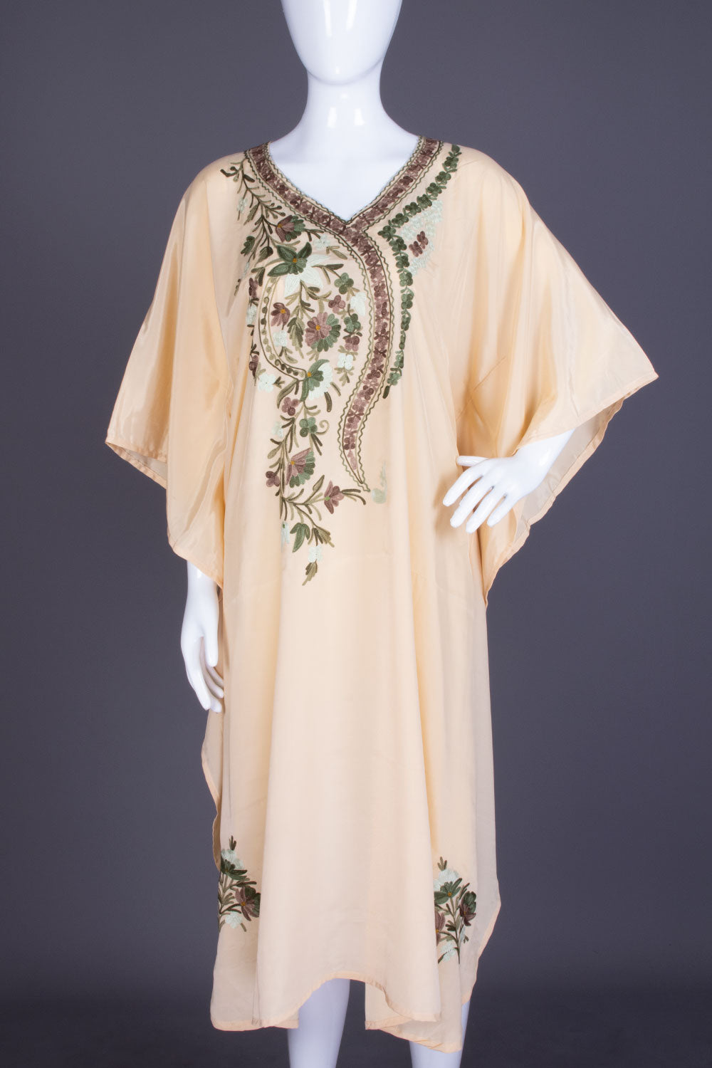 Beige Sozni Embroidered Crepe Silk Kaftan -Avishya