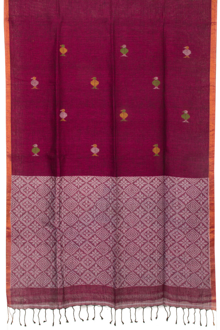 Wine Red Handloom Jamdani Linen Saree - Avishya