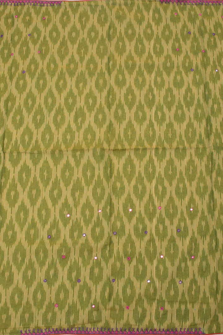 Green Ikat Embroidered  Cotton Blouse Material - Avishya
