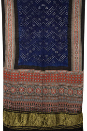 Navy Blue Handloom Ajrakh Bandhani Modal Silk Saree - Avishya