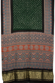 Green Handloom Ajrakh Bandhani Modal Silk Saree - Avishya