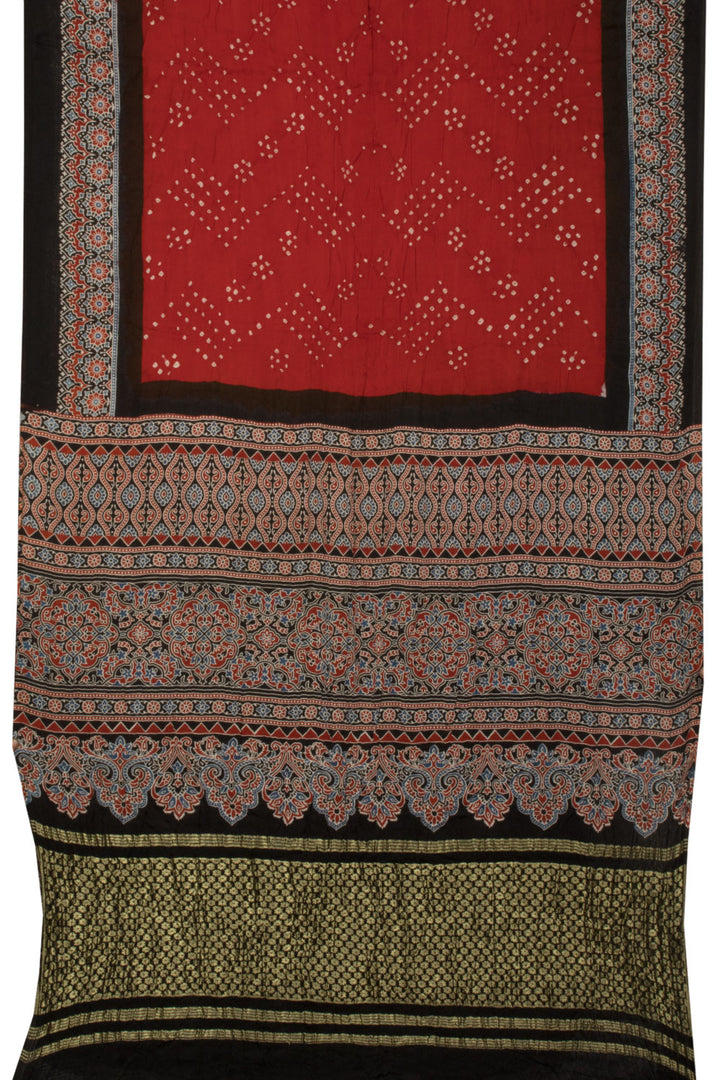 Red Handloom Ajrakh Bandhani Modal Silk Saree - Avishya