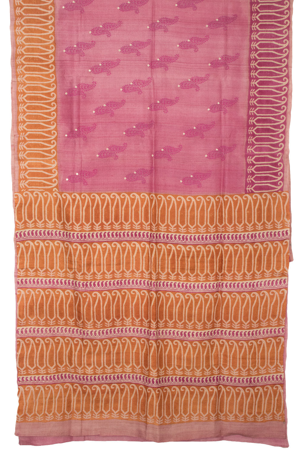 Rouge Pink Kantha Embroidered Tussar Silk Saree- Avishya