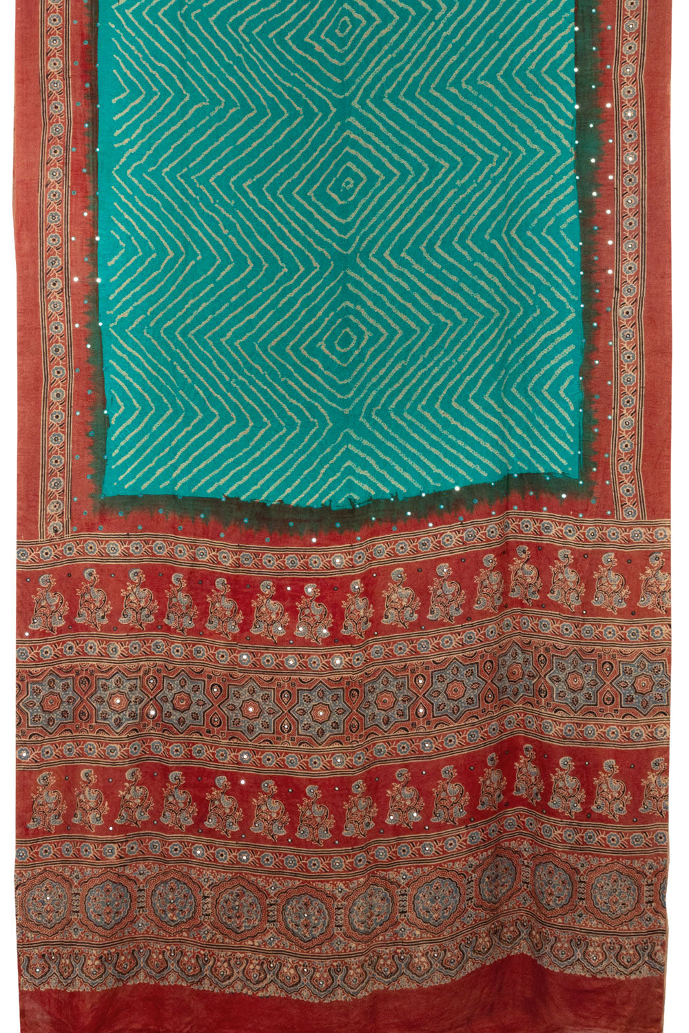 Teal Blue Handcrafted Ajrakh Printed Bandhani Gajji Silk Saree 10066012