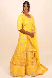 Yellow Net Silk Embroidered Lehenga 