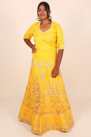 Yellow Net Silk Embroidered Lehenga 