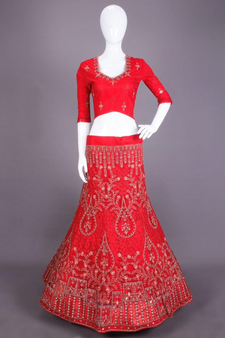 Red Net Silk Embroidered Lehenga 10066166 - Avishya