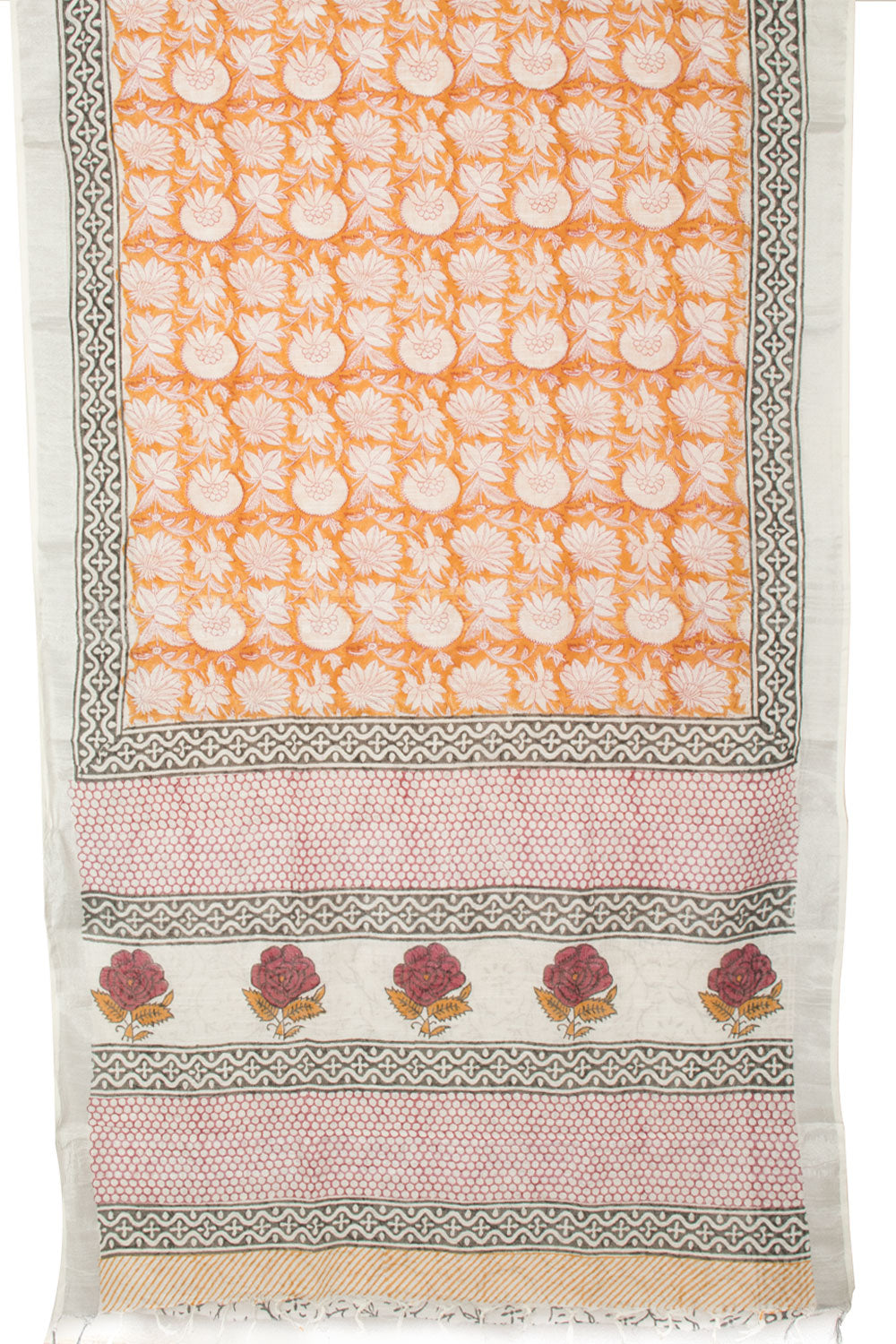Orange Hand Block Printed linen saree - Avishya
