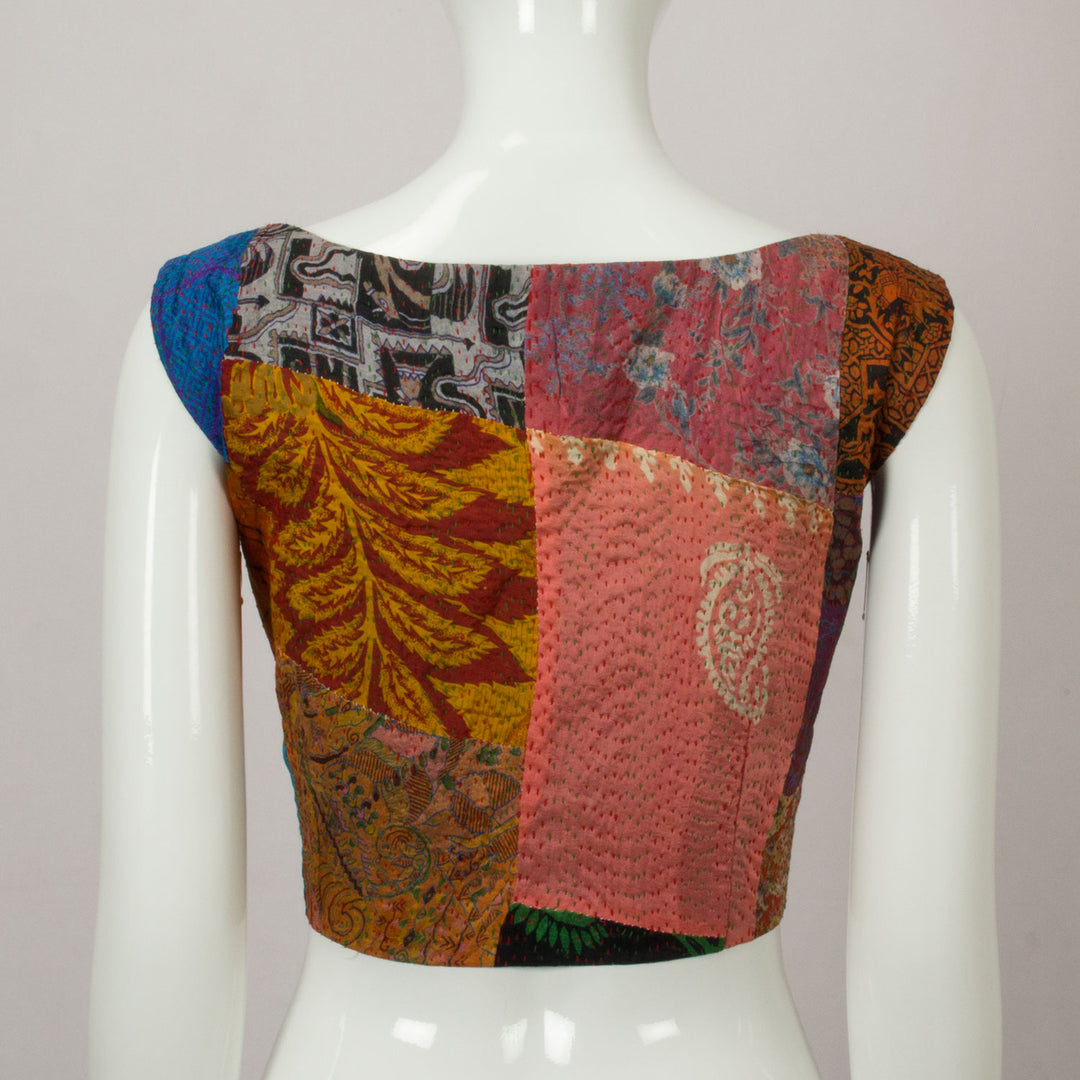 Multi Colour Kantha Embroidered Patchwork Cotton Blouse - Avishya