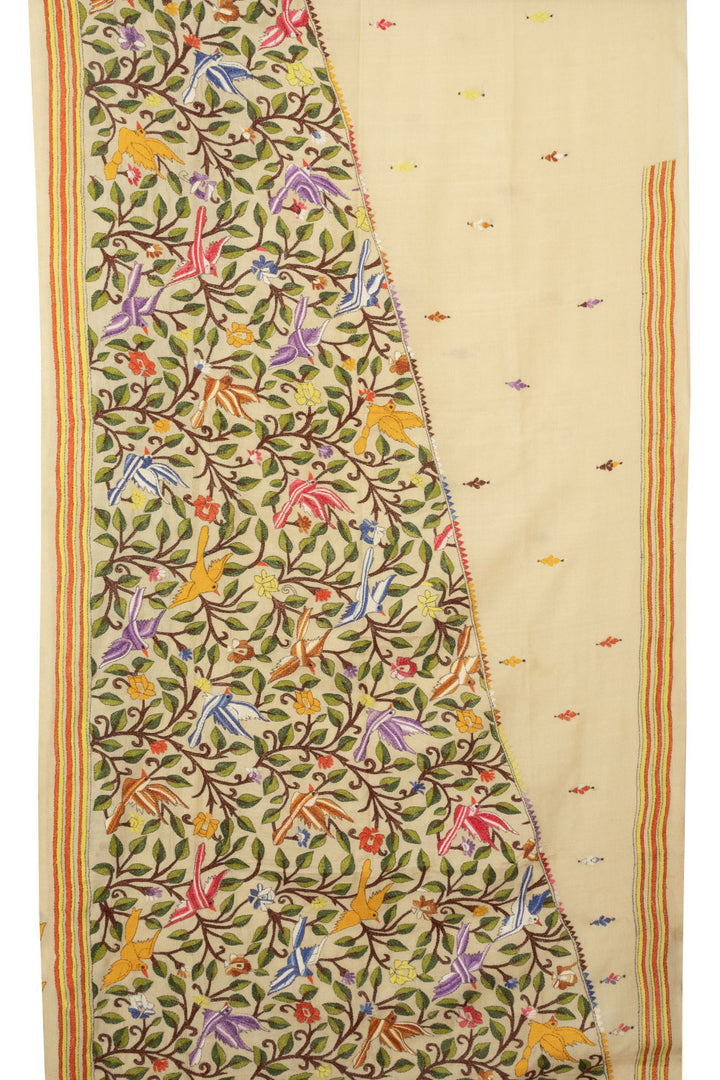 Beige Kantha Embroidered Tussar Silk Saree - Avishya