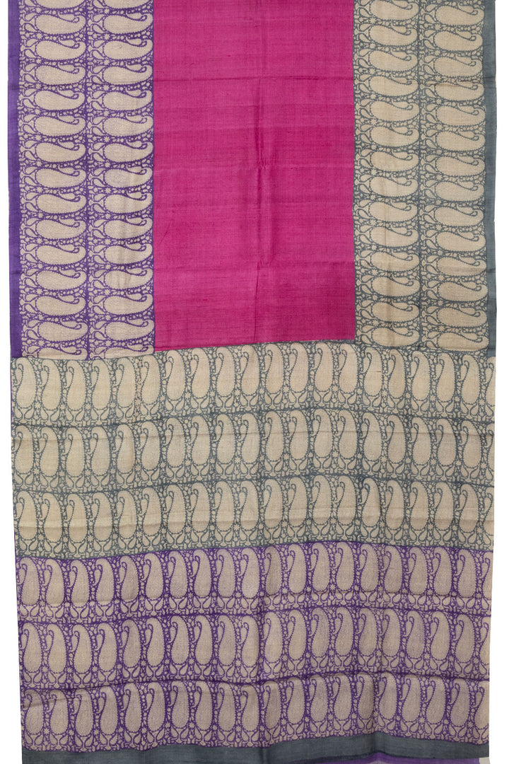 Magenta Hand Block Printed Tussar Silk Saree - Avishya