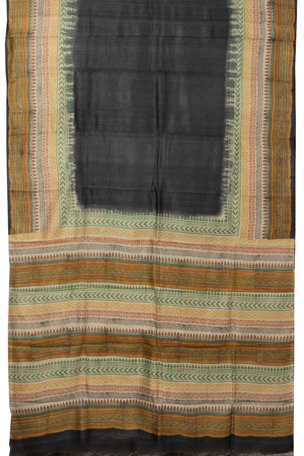 Black Hand Block Printed Tussar Silk Saree - Avishya