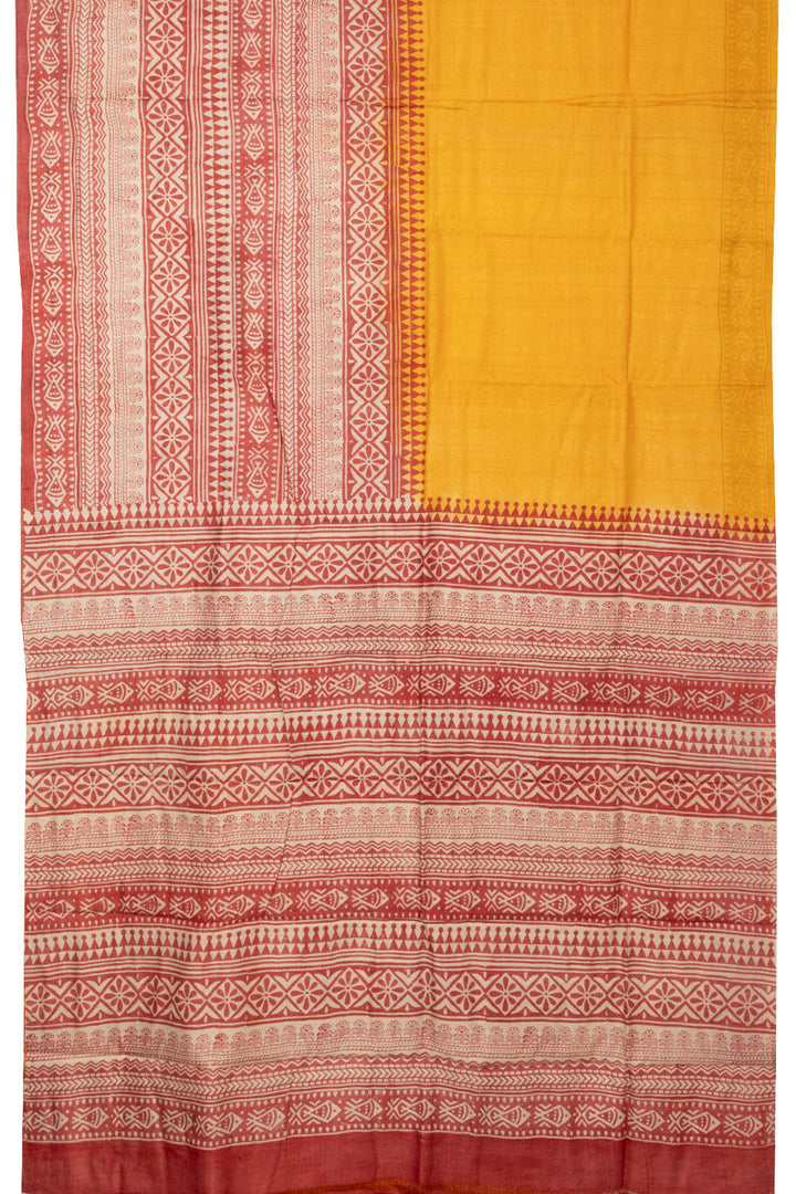 Yellow Hand Block Printed Tussar Silk Saree- Avishya