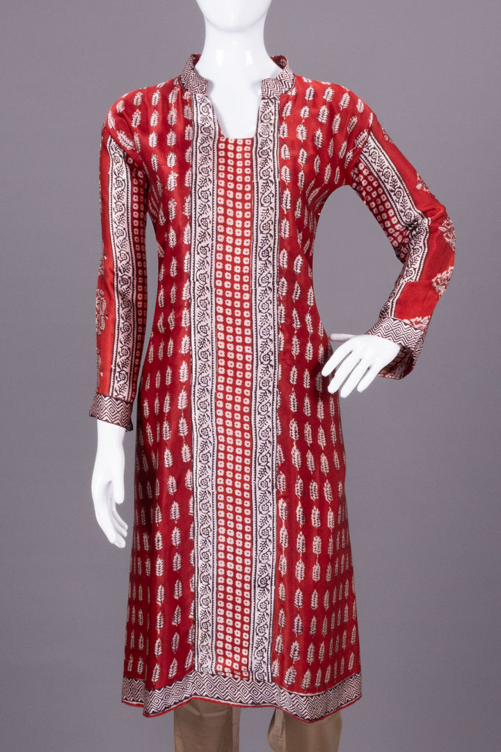 Red Handcrafted Bagh Printed Modal Silk Kurta - Avishya