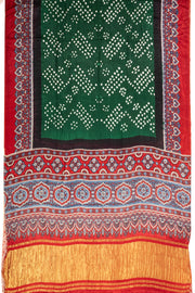 Rainforest Green Handloom Ajrakh Bandhani Modal Silk Saree With  Lagdi Patti Pallu and Floral Border 10076569