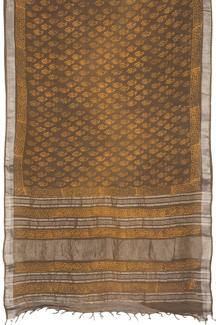 Brown Hand Block Printed linen saree -Avishya