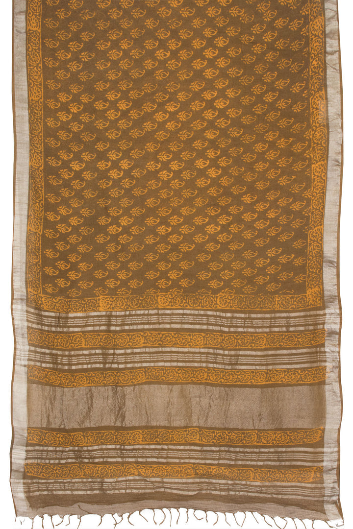 Brown Hand Block Printed linen saree - Avishya