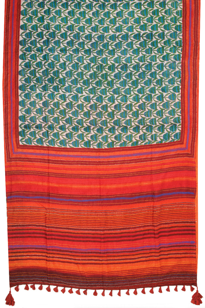 Offwhite Kantha Embroidered Silk Saree-Avishya