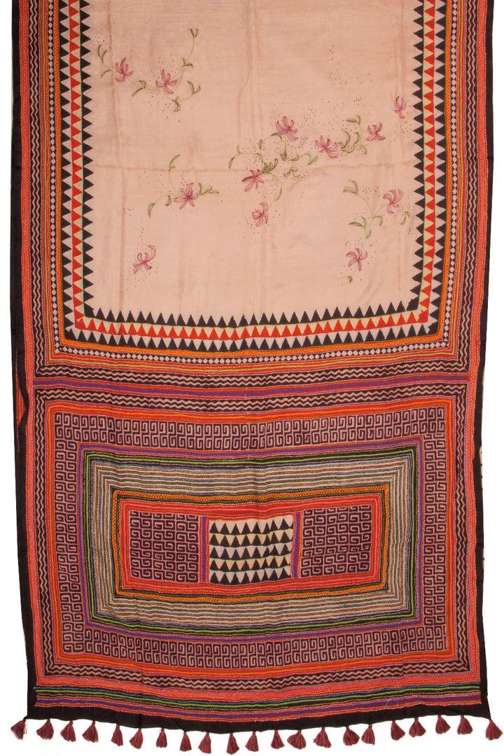 Peach Kantha Embroidered Silk Saree-Avishya