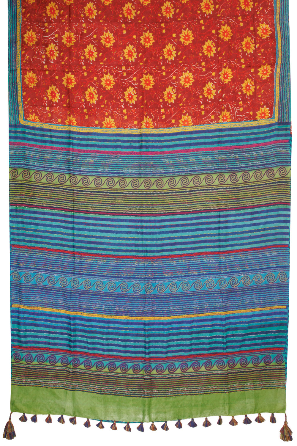 Falu Red Kantha Embroidered Silk Saree -Avishya