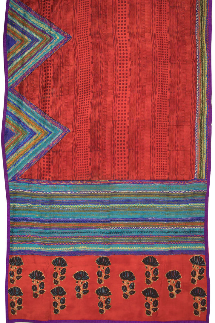 Imperial Red Kantha Embroidered Silk Saree-Avishya
